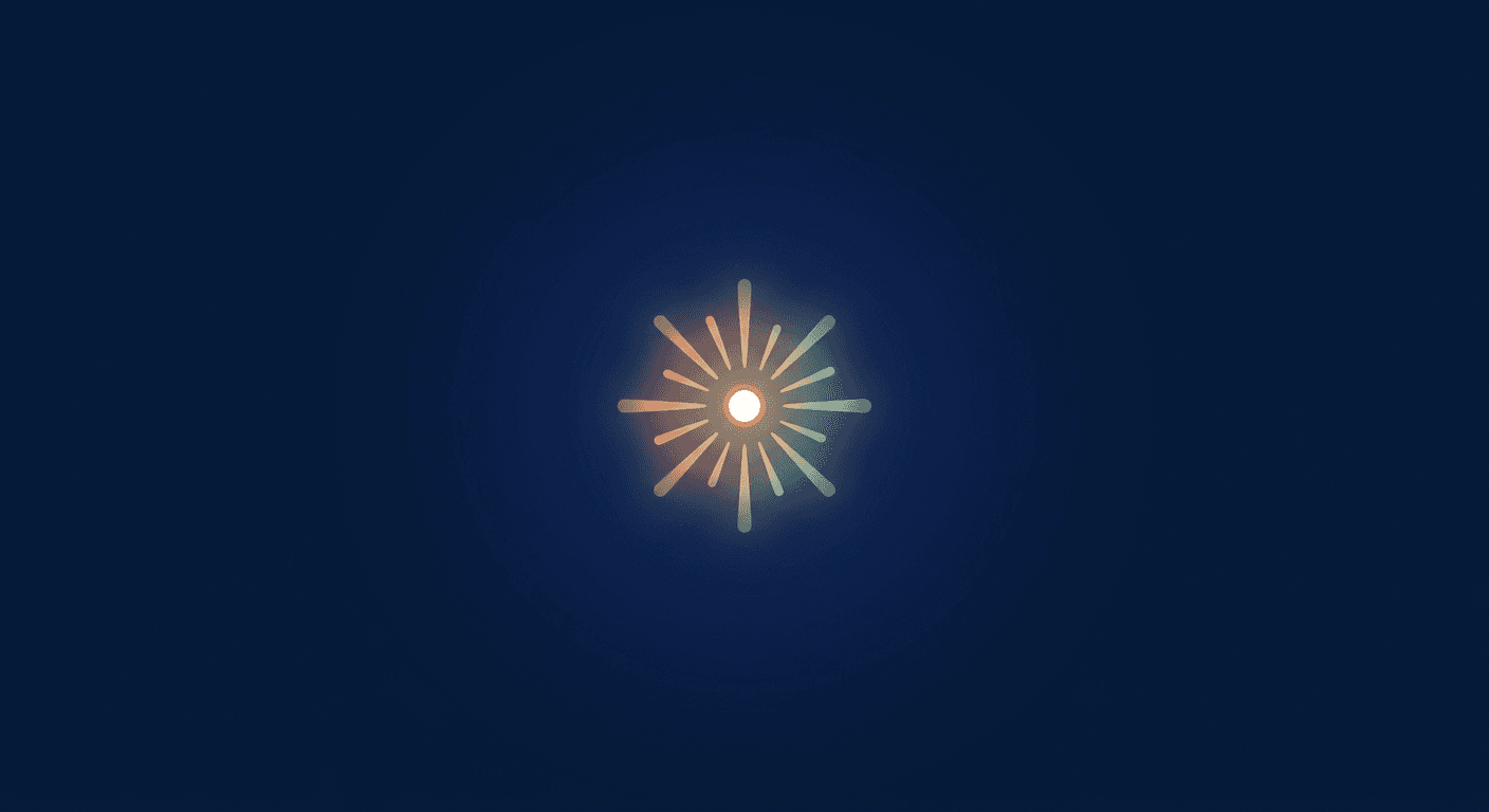 A single small glowing starburst radiating soft red, yellow and teal light against a deep midnight blue background.