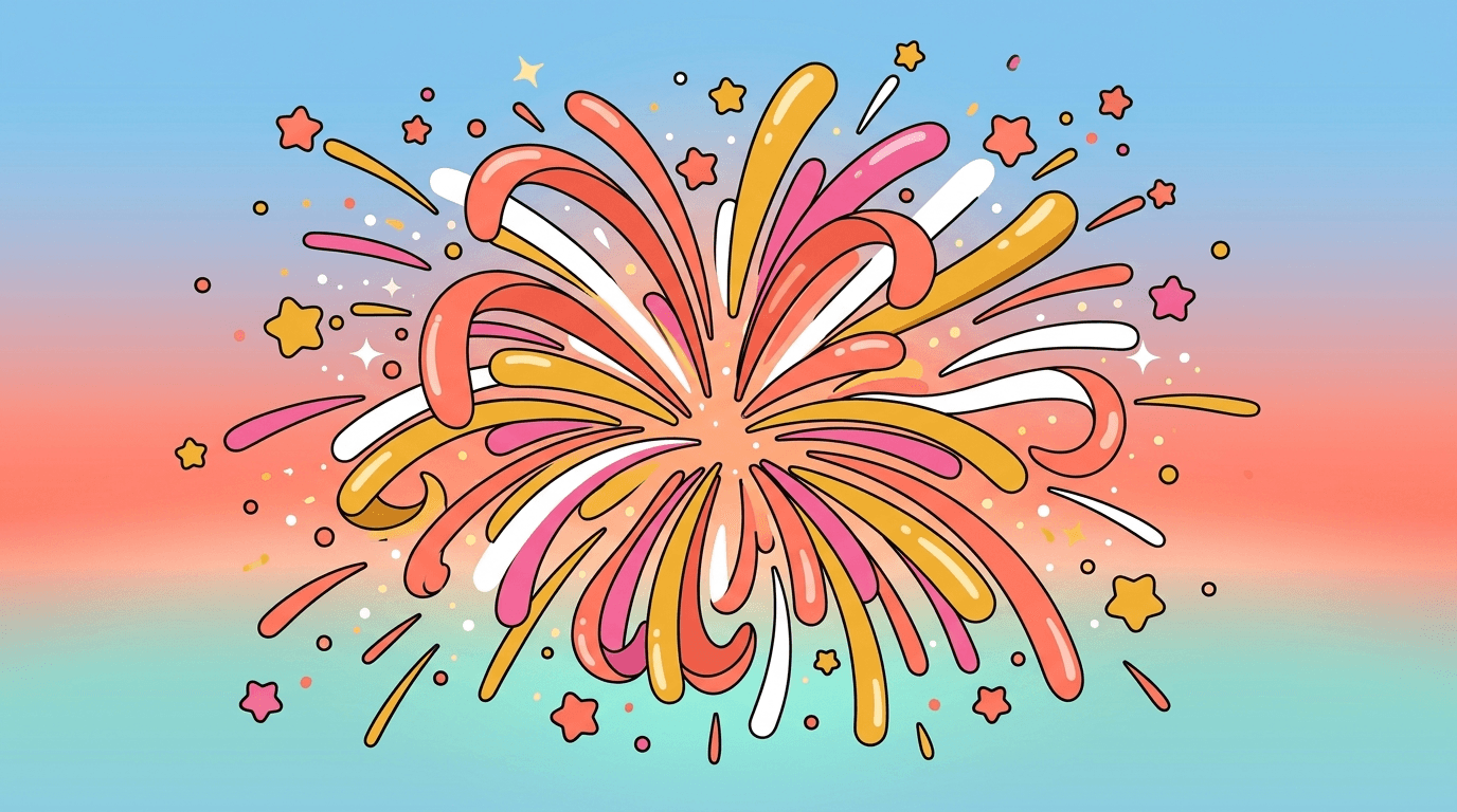 A colourful cartoon burst of pink, orange, yellow and white swirls exploding outward on a soft blue to mint gradient sky.