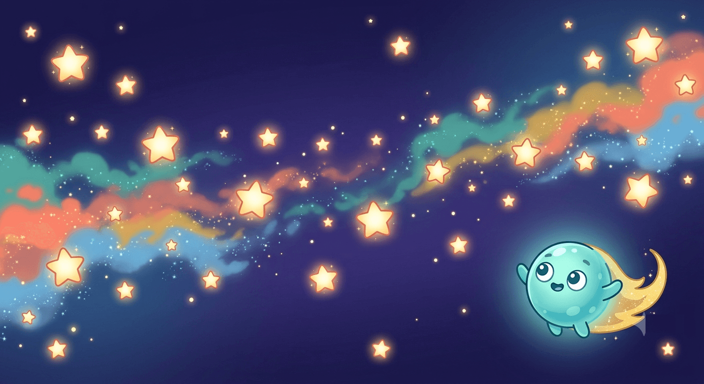 The smiling comet guide floating in a starry night sky, glowing stars and soft colourful clouds of light stretching across the darkness.