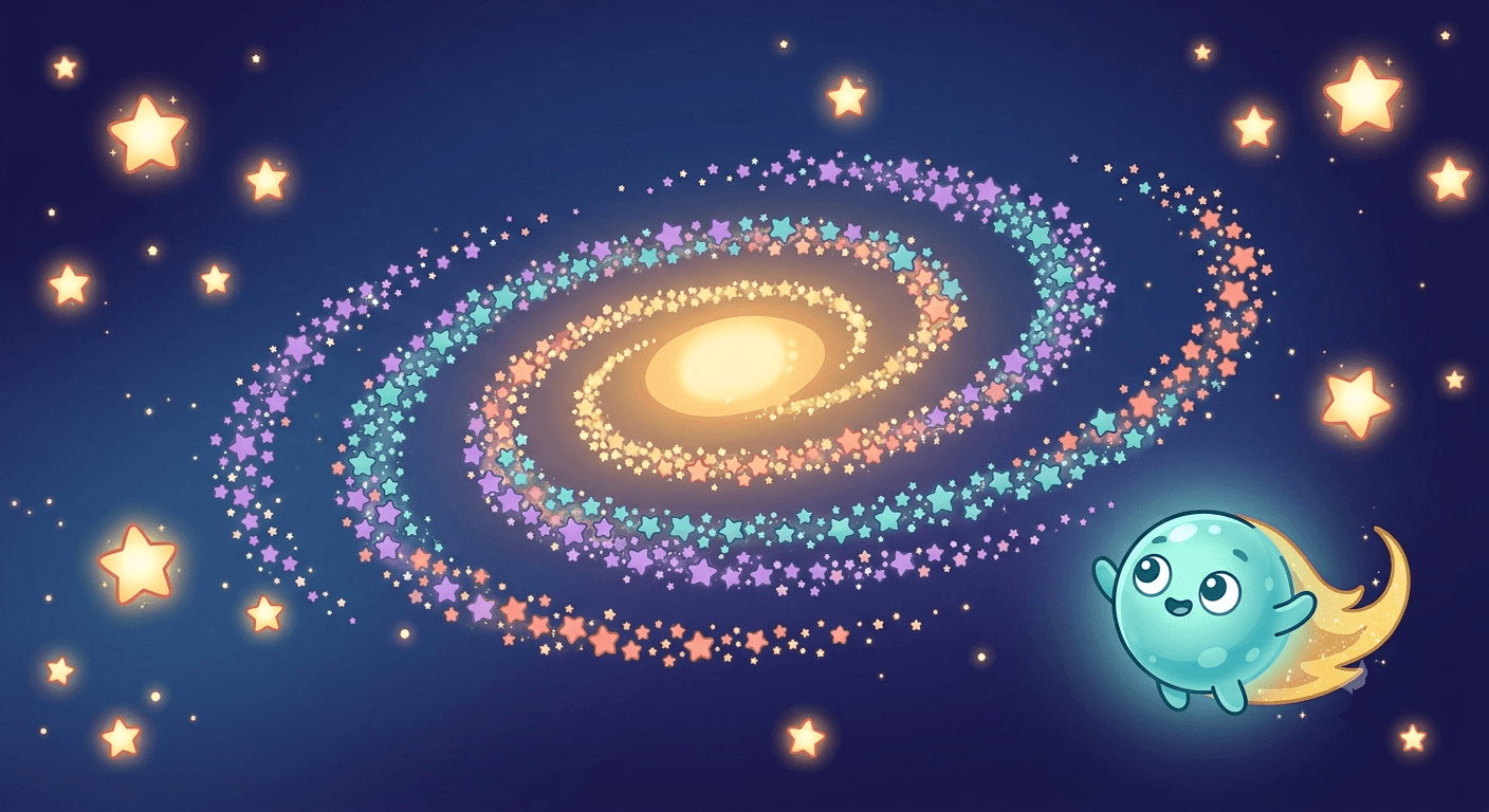 A swirling spiral galaxy made entirely of tiny glowing stars in purple, teal, orange and gold, with the smiling comet guide floating beside it.