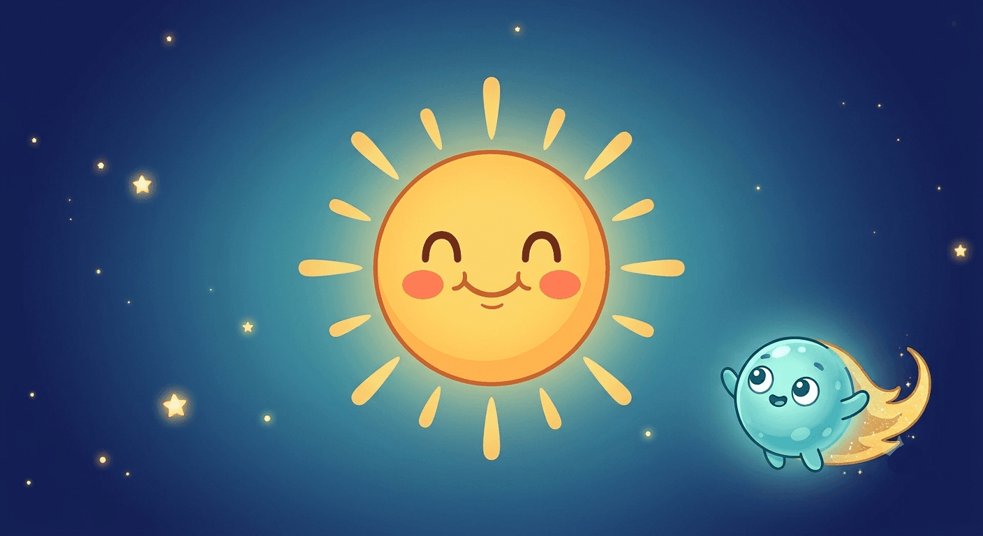 A big round smiling yellow sun with rosy cheeks and warm golden rays, glowing on a deep blue starry sky, with the comet guide beside it.