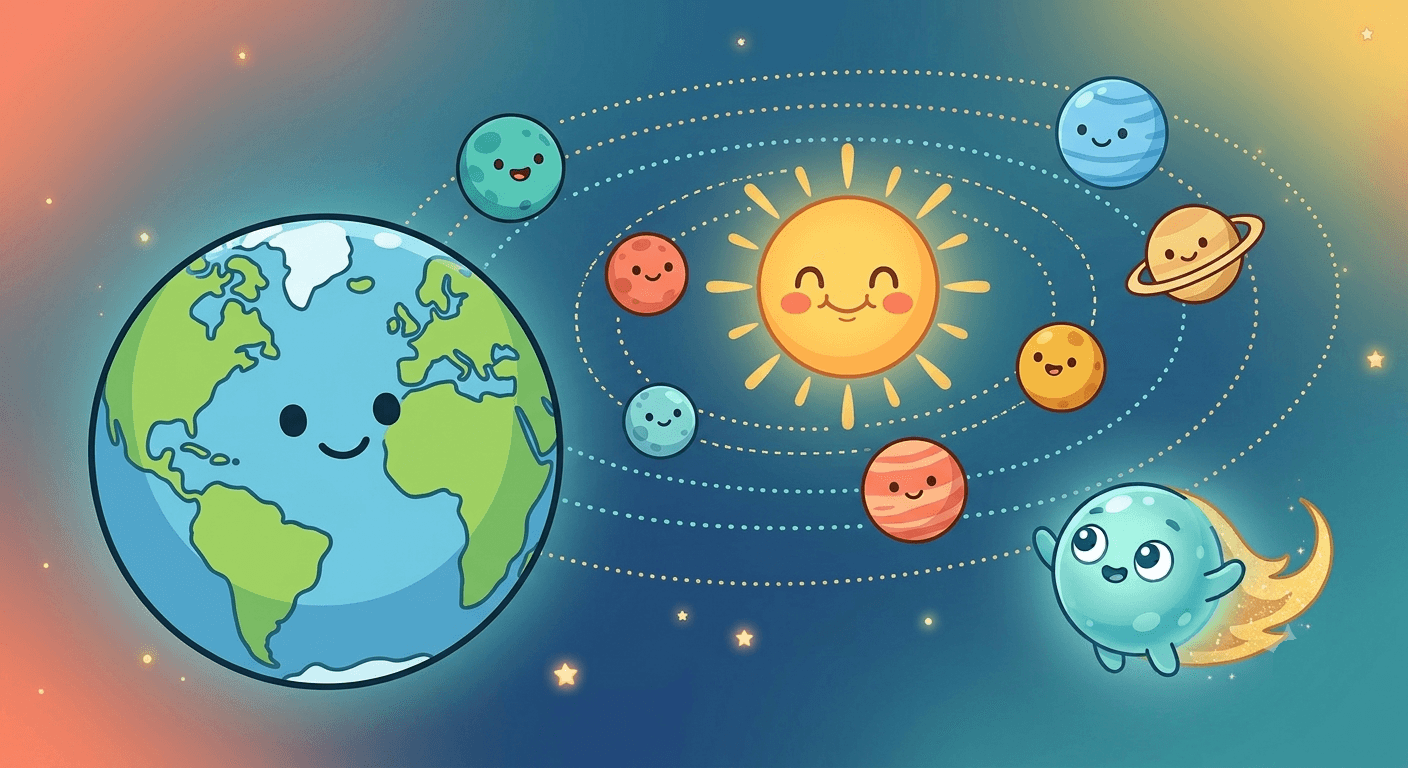 Planet Earth and its smiling planet friends circling a happy sun on gentle dotted orbit paths, with the comet guide floating nearby.