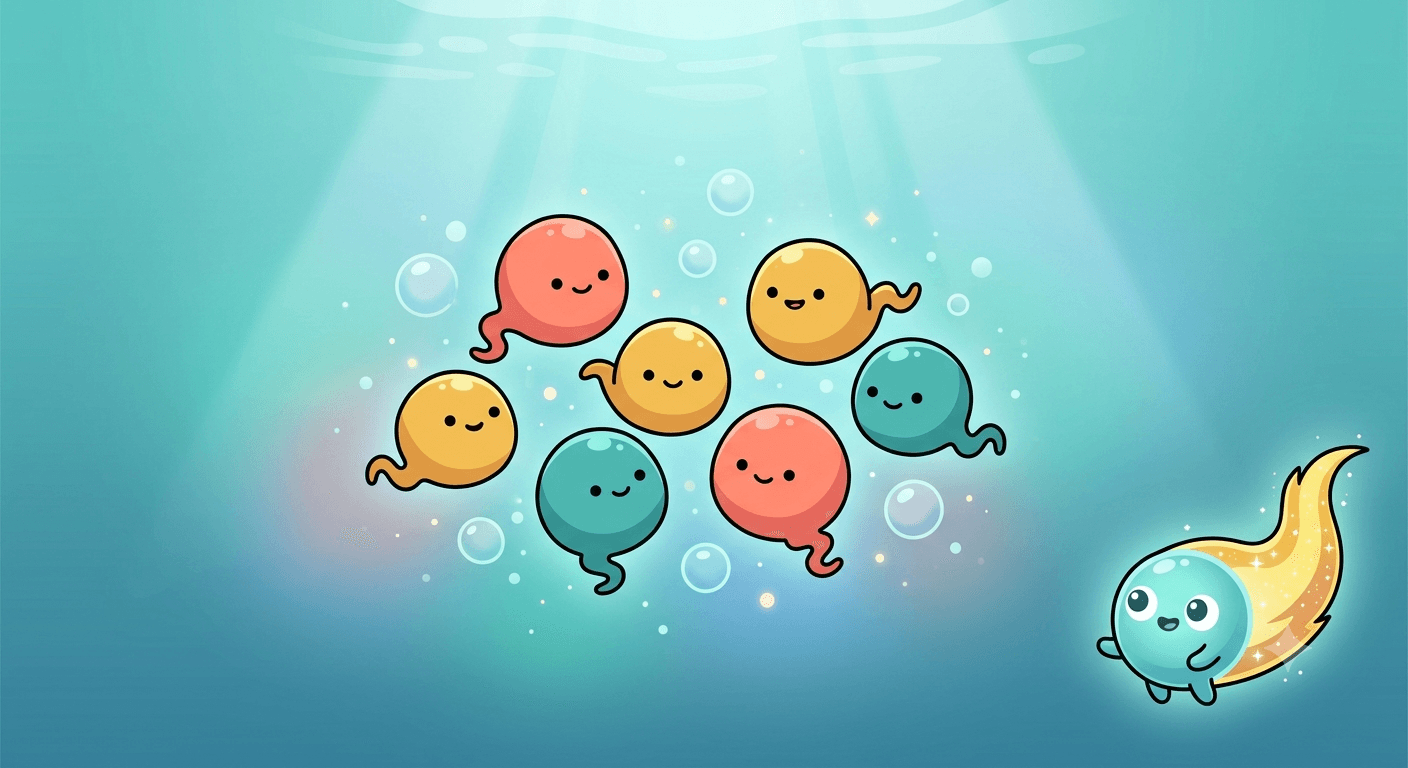 A group of small round wobbly sea creatures with happy faces floating together underwater, sunlight streaming down through the water, with the comet guide nearby.