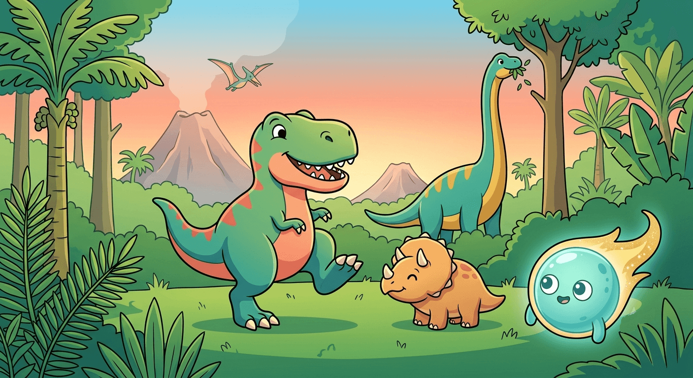 A friendly green T-Rex, a long necked Brachiosaurus, a small Triceratops and a flying Pterodactyl in a lush jungle with palm trees and a volcano in the distance, with the comet guide beside them.