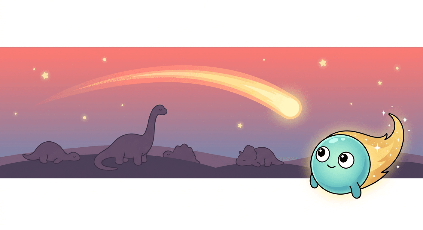 A glowing streak of light crossing a dusky pink sky above the quiet silhouettes of dinosaurs resting on darkened hills, with the comet guide watching from the side.
