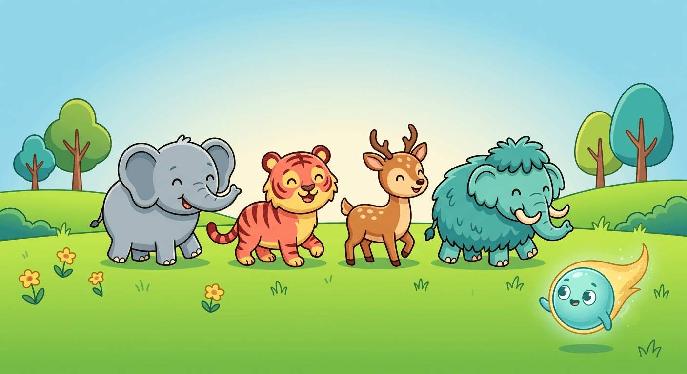 A happy elephant, tiger, deer and woolly mammoth walking together across a sunny green meadow with trees and flowers, with the comet guide beside them.