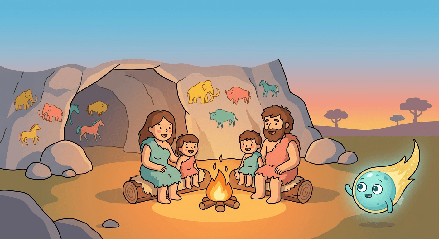 A cave family, a mother, father and two children, sitting around a warm campfire outside their cave at sunset, with cave paintings of mammoths, bison and horses on the rock walls, and the comet guide floating nearby.