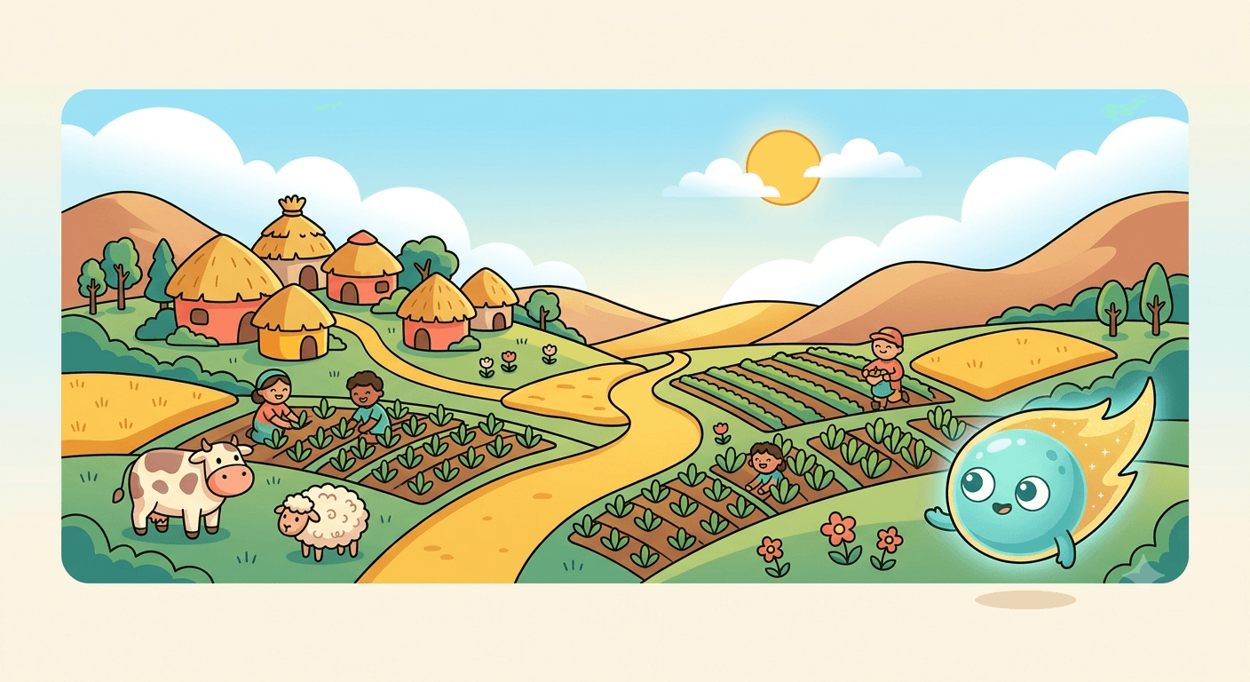 A small village of thatched roof huts among green hills, with children and grown-ups tending vegetable patches, a cow and a sheep grazing nearby, under a sunny sky, with the comet guide beside the fields.