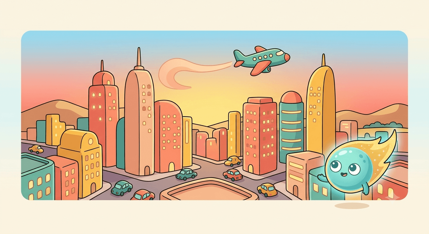 A modern city skyline of tall colourful buildings at sunset, with cars driving on the streets below and an aeroplane flying overhead, the comet guide floating beside the buildings.