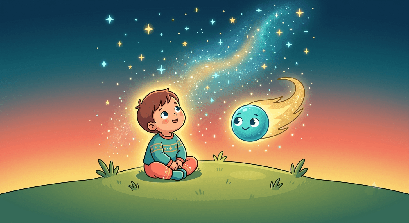 A child sitting cross legged on a grassy hill at dusk, looking up happily at the smiling comet guide and a sky full of twinkling stars.
